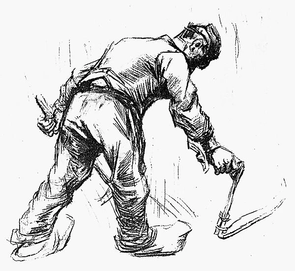 VAN GOGH: PEASANT MOWING. Peasant Mowing. Pencil drawing, by Vincent Van Gogh, 1885