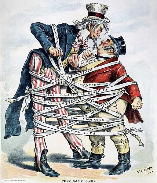 VENEZUELA BOUNDARY, 1896. An 1896 American cartoon by Frederick Burr Opper suggesting that the ties between the United States and Great Britian were too many and too strong to allow the countries to go to war over the Venezuelan Boundary Dispute