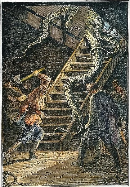 VERNE: 20, 000 LEAGUES, 1870. A giant octopus attacking the submarine vessel Nautilus. Wood engraving after a drawing by Alphonse de Neuville from an 1870 edition of Jules Vernes Twenty Thousand Leagues Under the Sea