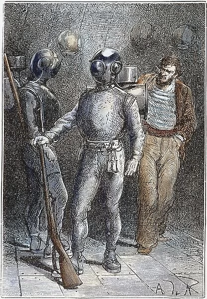 VERNE: 20, 000 LEAGUES, 1870. Professor Aronnax outfitted for a walk on the ocean floor: wood engraving after a drawing by Alphonse de Neuville from an 1870 edition of Twenty Thousand Leagues Under the Sea by Jules Verne