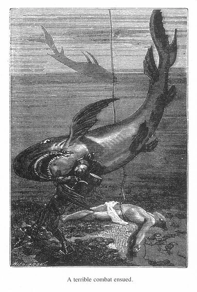 VERNE: 20, 000 LEAGUES. A terrible combat ensued : wood engraving after a drawing by Alphonse de Neuville from an 1870 edition of Jules Vernes Twenty Thousand Leagues Under the Sea