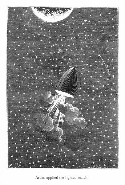 VERNE: ROUND THE MOON. Ardan applied the lighted match : wood engraving after a drawing by Emile Bayard from a 19th century edition of Jules Vernes Round the Moon