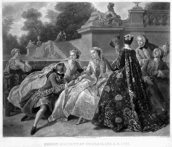 VERSAILLES: COURT LIFE. Men and women socializing in a garden at the palace of Versailles, France, c1731. Mezzotint, German, 19th century, after a painting by Jean Fran├ºois de Troy