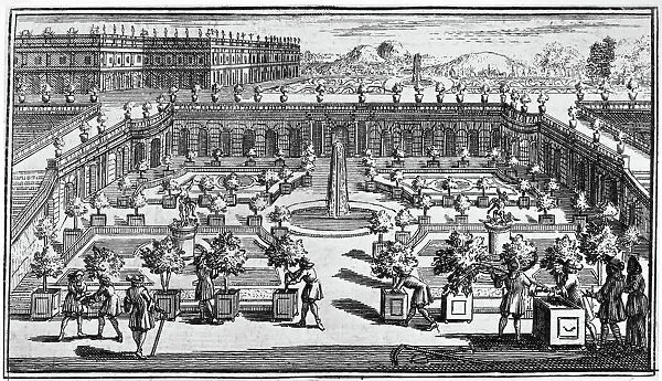 VERSAILLLES: GARDEN. Planting trees in planters at Versailles. Line engraving from The Perfect Gardener. Instructions for Fruit and Vegetable Gardens by Jean-Baptiste de la Quintinie, Paris, 1690
