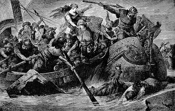 VIKINGS: RAIDING. A Norse raid under Olaf Tryggvesson, c994 A