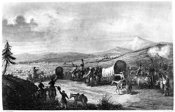 WAGON TRAIN, c1844. Arrival of the Caravan at Santa Fe. Engraving by A. L. Dick, from Commerce of the Prairies by Josiah Gregg, c1844