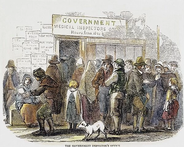 Waiting at the medical inspectors office in Liverpool, before boarding a ship for America. Wood engraving, 1850