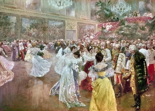Waltzing at a ball at the Hofburg Palace in Vienna, Austria, 1900. Watercolor by Wilhelm Gause. Emperor Francis Joseph is at right in the white uniform