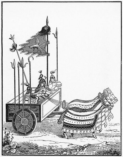 A war chariot of the type utilized by Genghis Khans Chinese opponents. After a Chinese drawing of the time, 12th century