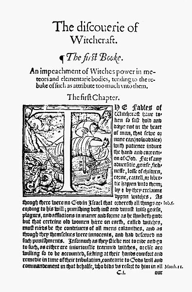 WITCHCRAFT, 1584. First page of Reginald Scots The Discouerie of Witchcraft