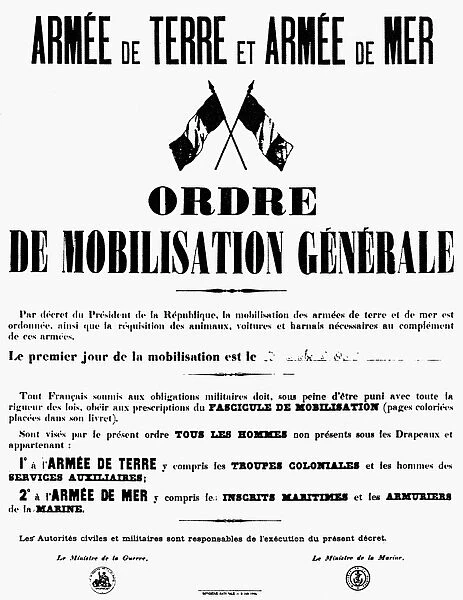 WORLD WAR I: MOBILIZATION. The official order of mobilization for French military forces