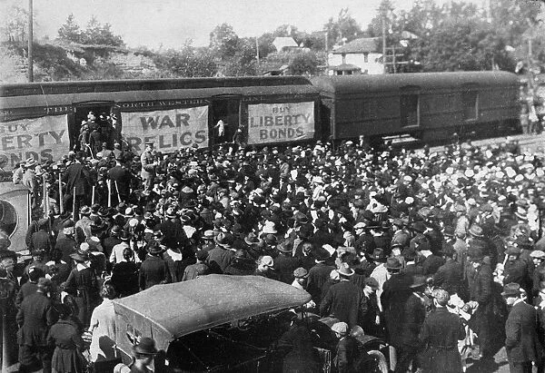 WORLD WAR I: RELICS, c1918. War relics train stopping in an American town in order