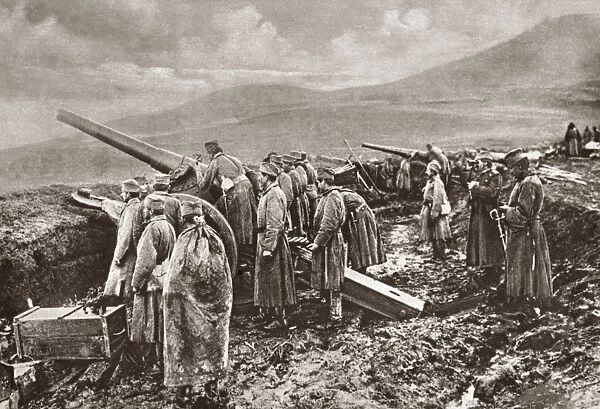 WORLD WAR I: SERBIA. Serbian heavy gun loaded and aimed at advancing German