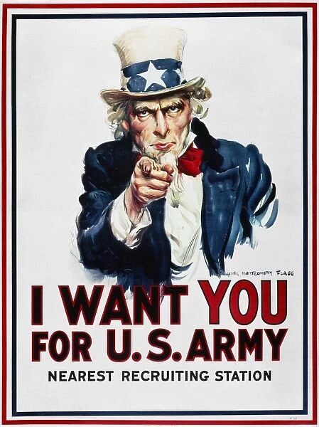 WORLD WAR I: UNCLE SAM. James Montgomery Flaggs famous I Want You U. S. Army recruiting poster of 1916, used again in every subsequent American war