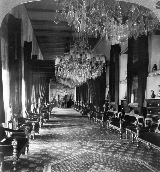 ZANZIBAR: PALACE, c1912. Throne room of the Sultans palace in Zanzibar. Stereograph