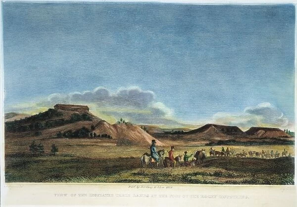 ZEBULON PIKE EXPEDITION. View of the broken table lands seen by Zebulon Pike on his second expedition west in 1806 as his party approached the Front Range of the Rocky Mountains. Line engraving, American, 1822, from a published account of Stephen H. Longs expedition to the same area in 1819-20