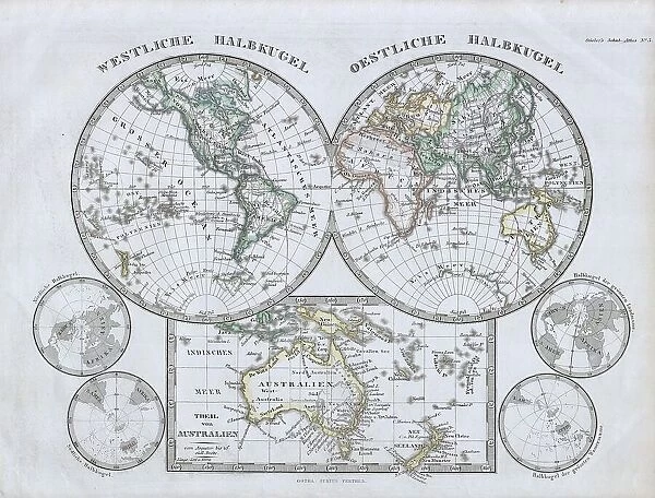 1862 Stieler Hemisphere Map Of The World Topography