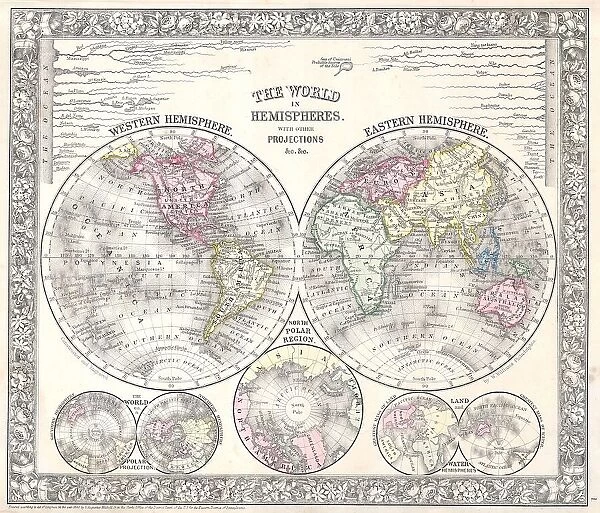 1864 Mitchell Map Of The World On Hemisphere Projection