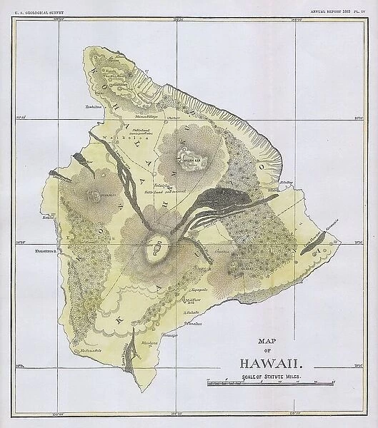 1883 U.S.G.S. Map Of The Island Of Hawaii Topography