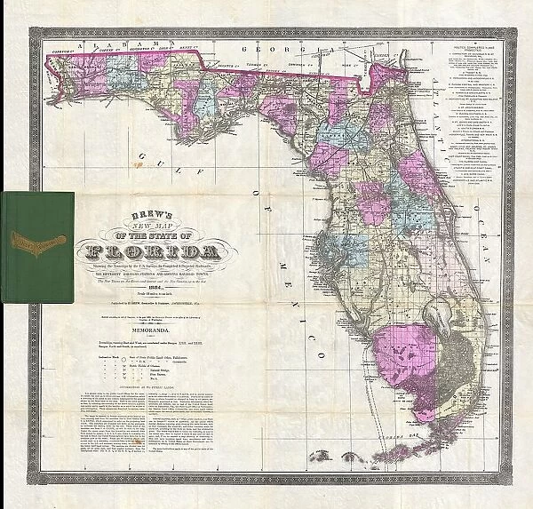 1884 Drew Pocket Map Of Florida Topography Cartography