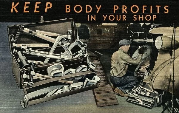 Advertisement for Tools. ca. 1937, Kenosha, Wisconsin, USA, Snap-on Tools, Inc. KENOSHA, WISCONSIN. BF-21 Body and Fender Set. Correctly designed tools of the best material are essential for the production of good body and fender repair work. Blue-Point tools are as perfect as modern steel and careful craftsmanship can make them. They will enable you to handle practically any job of body dents or crumpled fenders and do a better, quicker job