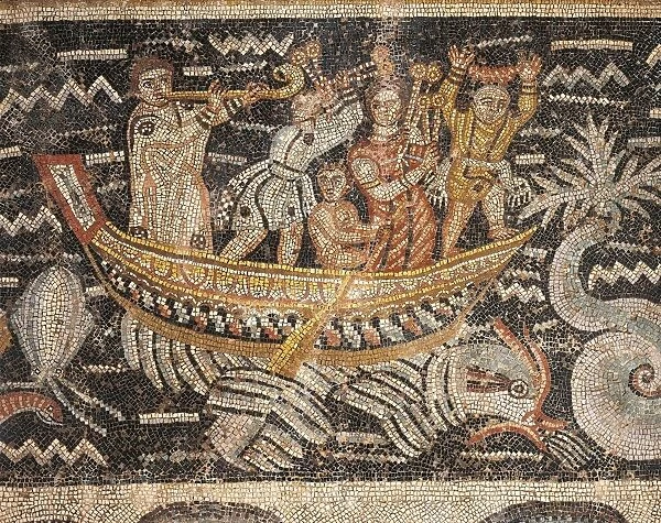 Algeria, Djemila, Detail of boat and musicians in mosaic work depicting Venus at her toilet