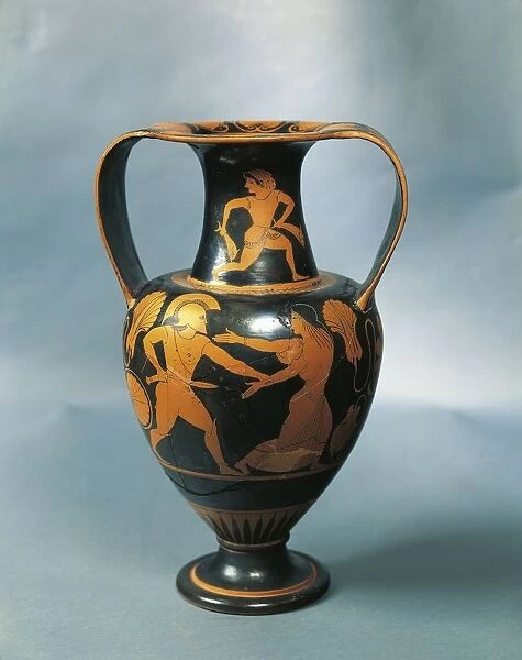 Amphora depicting Menelaus and Helen and a Nereid on the neck by Pamphaios, potter (circa 520-490 B. C. ) and Nikosthenes, painter (circa 545-510 B. C. )