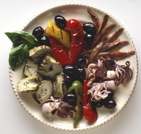 Antipasto, a Roman starter which includes artichokes, olives, peppers and seafood