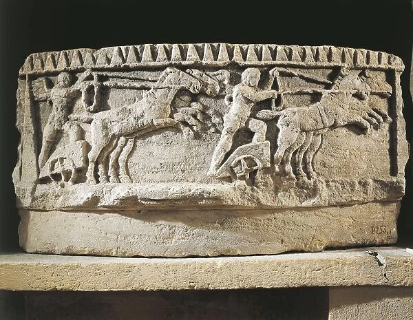 Architectural fragment representing a winged genius guiding a chariot on the circus racecourse