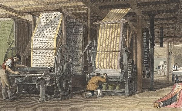 Calico printing machines powered by belt and shafting through cog wheels from a central