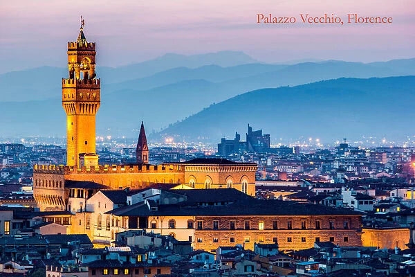 Ccityscape and Palazzo Vecchio. Sunset. lights on. Florence. Tuscany. Italy
