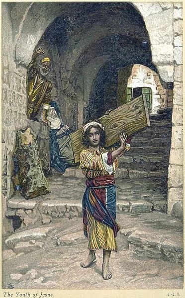 Childhood of Jesus. Jesus carrying a plank of wood down the street while Mary