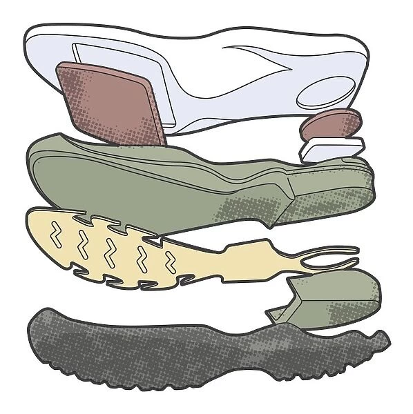 Digital illustration of fours layers of modern hiking boot sole