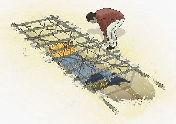 Digital illustration of man making driftwood shelter
