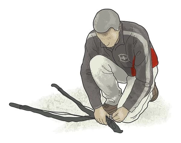 Digital illustration of man making simple pack frame from branches