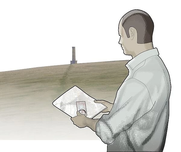 Digital illustration of man using basic orienteering compass to take bearing on tall feature in distance