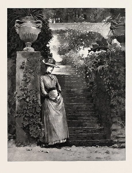 DRAWN BY PERCY MACQUOID, in the garden, engraving 1890