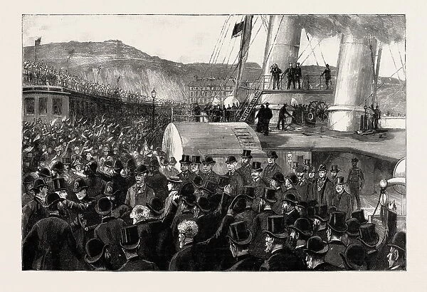 Once more on English Soil, Arrival of Stanley at the Admiralty Pier, Dover, Engraving 1890, Uk, u