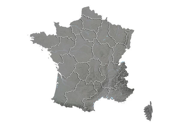 France, Relief Map With Region Boundaries