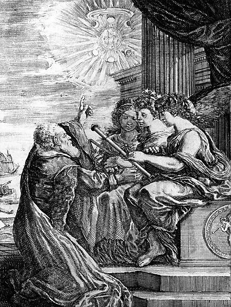 Galileo presenting his telescope to the Muses