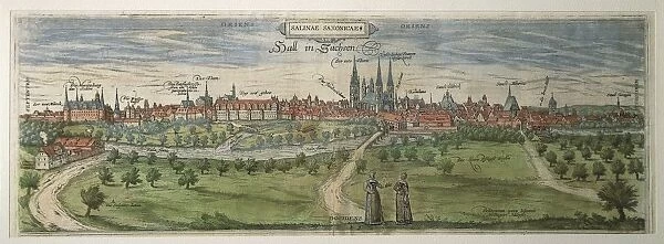 Germany, Halle, View of Halle an der Saale city (Halle on Saale river) engraving