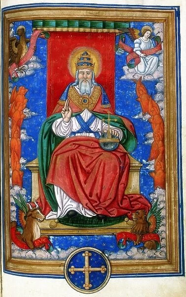 God the Father, 1545. God enthroned, hand raised in blessing. At the corners are