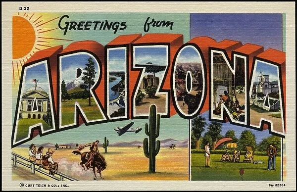 Greeting Card from Arizona. ca. 1939, Arizona, USA, KEY TO LETTERS: A-State Capitol, Phoenix: R-San Francisco Peaks: I-Coolidge Dam: Z-Casa Grande Ruins: O-Grand Canyon: N-Navajo Blanket Weaver: A-San Xavier Mission