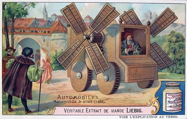 History of the Automobile: Idea for a carriage powered by wind, 1460. Liebig Trade Card c1910