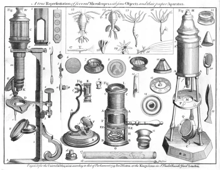 Framed Print : Engraved Print of Microscopes and Microscopic Objects
