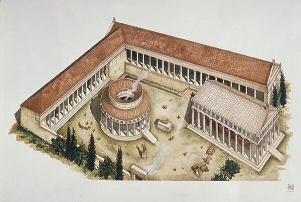 Illustration representing reconstruction of ceremonial circular tholos and temple of Asclepius, Epidaurus, Greece