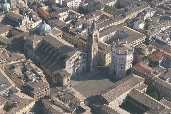 Italy, Emilia Romagna Region, Aerial view of Parma with Piazza del Duomo, Cathedral and Baptistery
