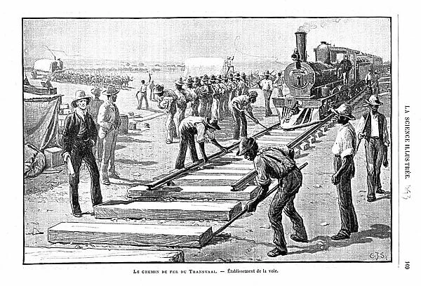 Laying sleepers and rails (permanent way) on the Transvaal Railway, Africa. Illustration