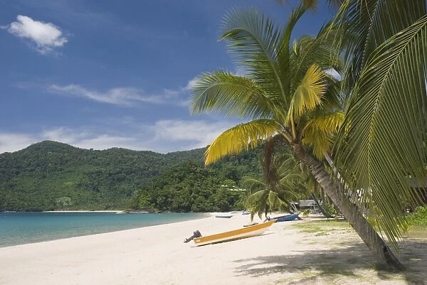 Malaysia, Tioman Island, Juara, beach with palm trees and small boats on sand