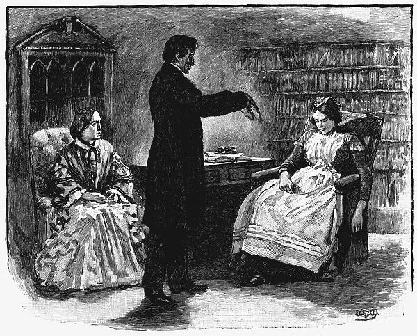 Male hypnotist putting young woman into an hypnotic trance. Wood engraving, 1891